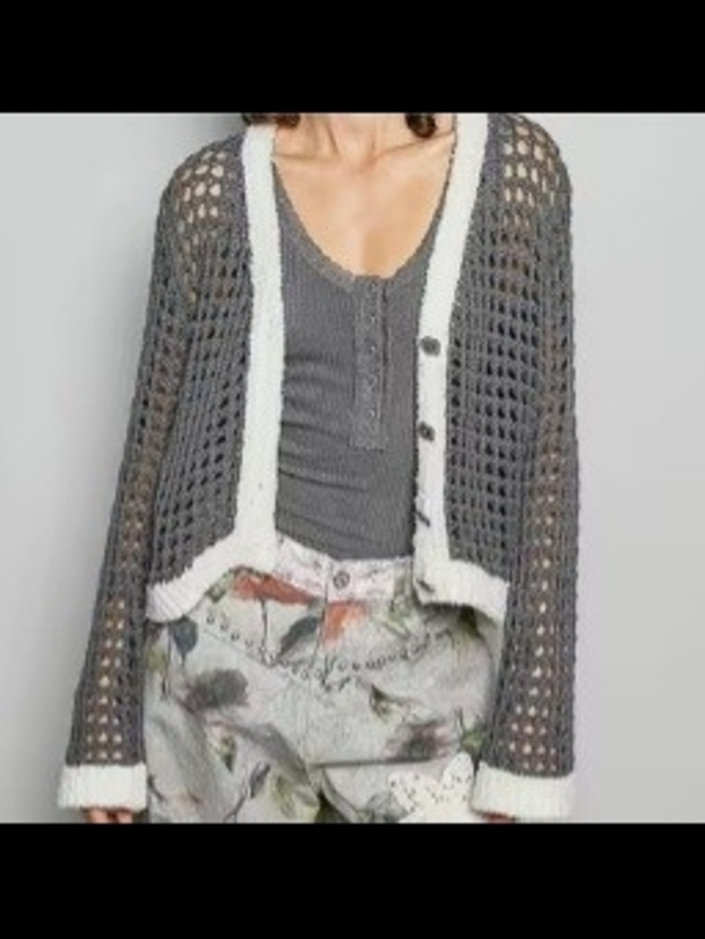 POL Gray Open-Knit Button Cardigan with Cream Trim